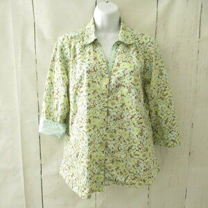 Eddie Bauer Top L Large Floral Button Up 3/4 Sleeve